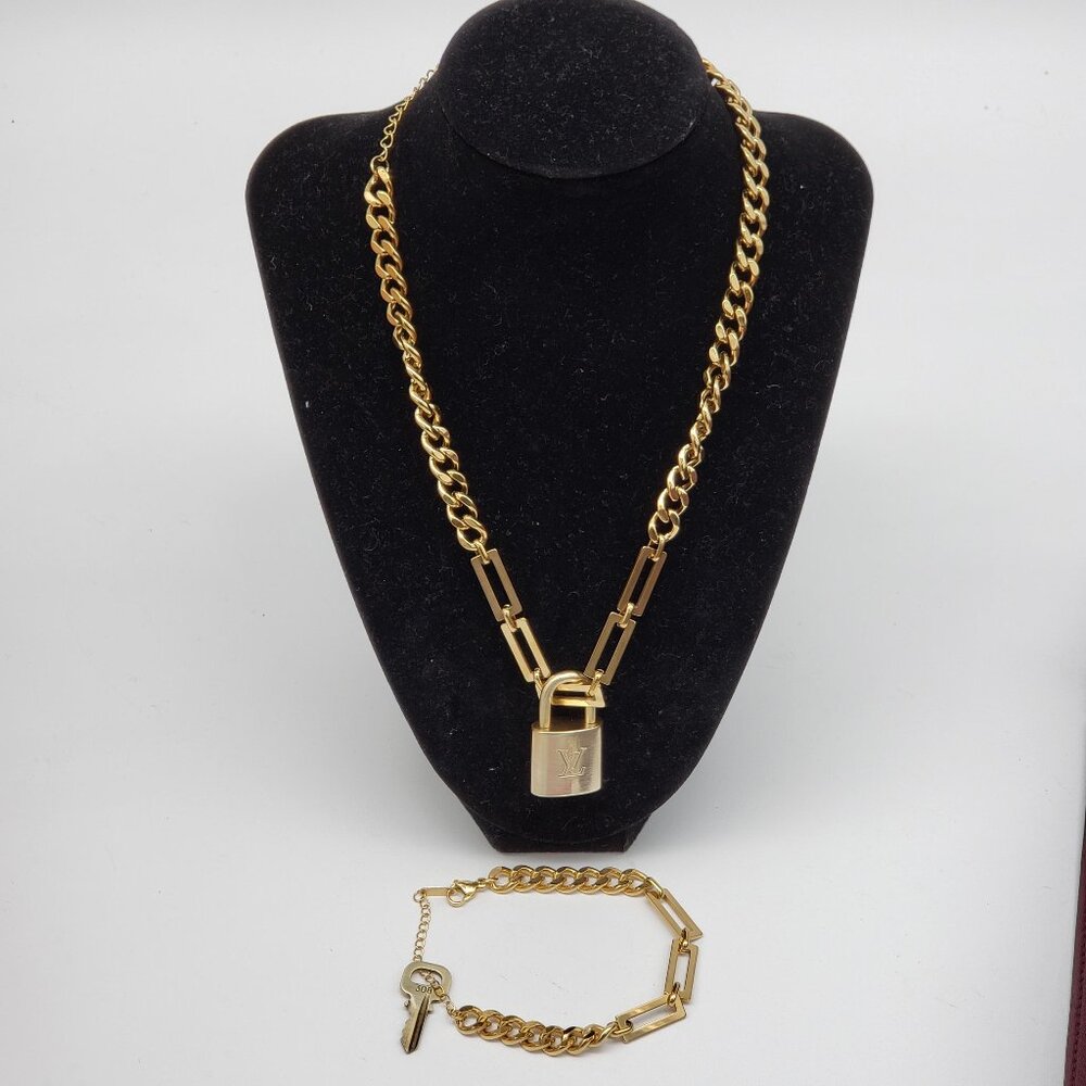 Authentic Louis Vuitton Gold Padlock W/ Unbranded Stainless Steel Chain&Bracelet